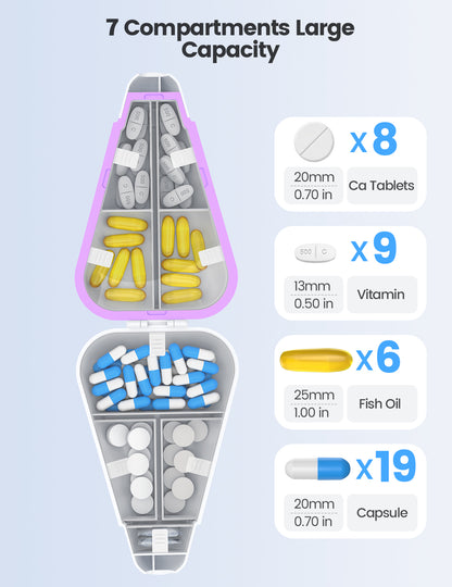 Travel Pill Organizer, 7 Compartments Portable Pill Box with Secure Lock Lid & Moisture-Proof