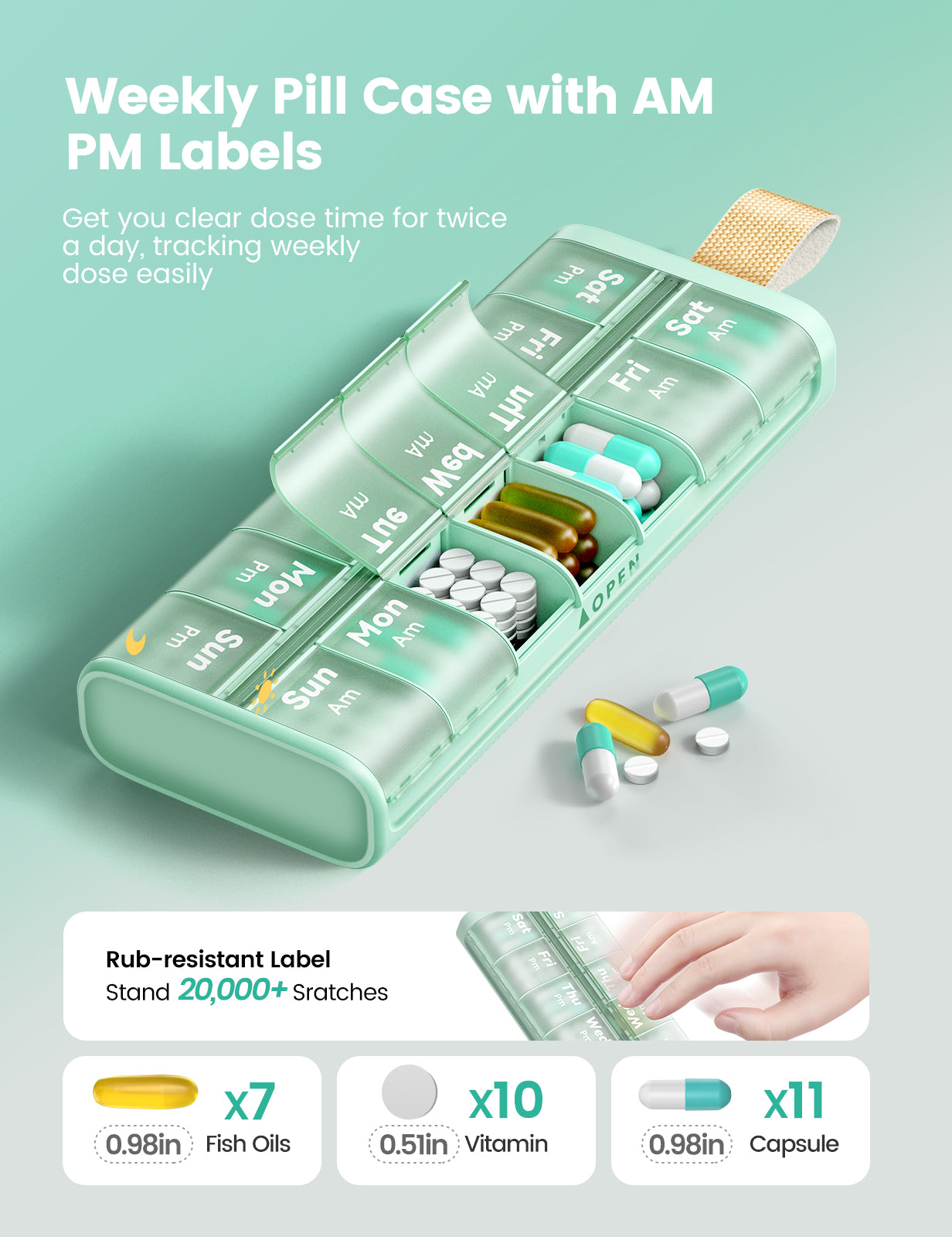 Weekly Pill Organizer AM PM 7 Day Pill Box, Large 2 Times a Day Medicine Case with Carry Handle, Moisture-Proof Desiccant & Secure Easy-Open Lids for Vitamins and Supplements