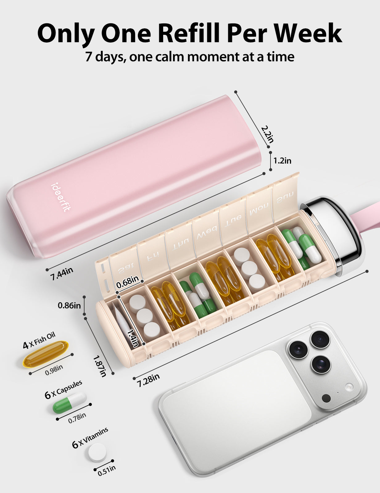 Stylish 7-Day Pill Organizer, Compact Travel Pill Box Case with Built-in Desiccant & Secure Individual Lids,Pink