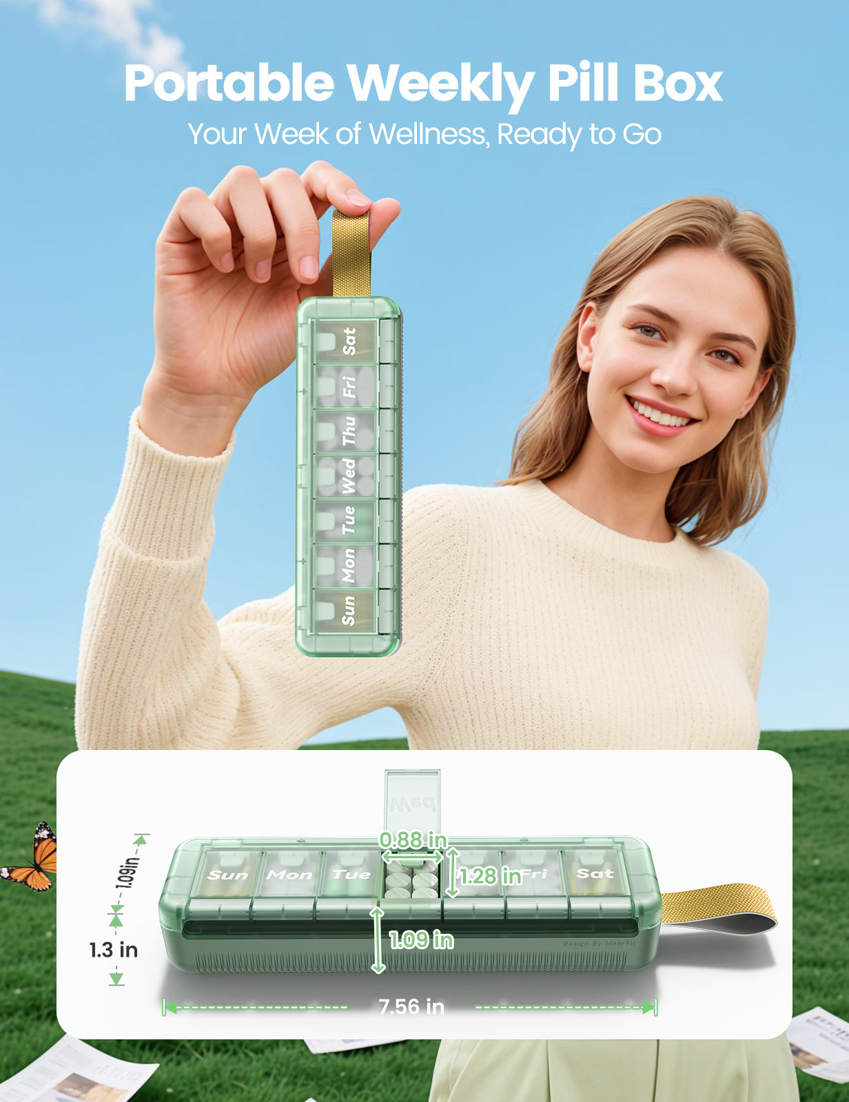 Weekly Pill Organizer 7 Day,  Pill Box Push-Button Daily Travel Case with Large Compartments & Portable Handle