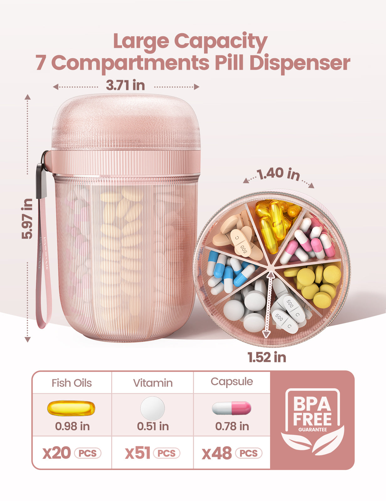 Large Sealed Pill Organizer with Desiccant, Light-Proof Moisture-Proof Pill Bottle with 7 Large Compartments, Blush Pink