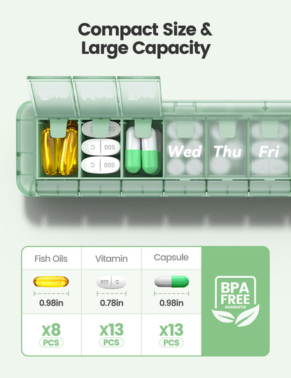 Weekly Pill Organizer 7 Day,  Pill Box Push-Button Daily Travel Case with Large Compartments & Portable Handle