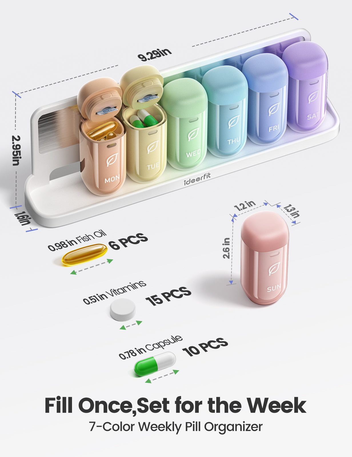 Weekly Magnetic Pill Organizer, Moisture-Proof Pill Box 7 Day 1 Time a Day with Desiccant, Rainbow