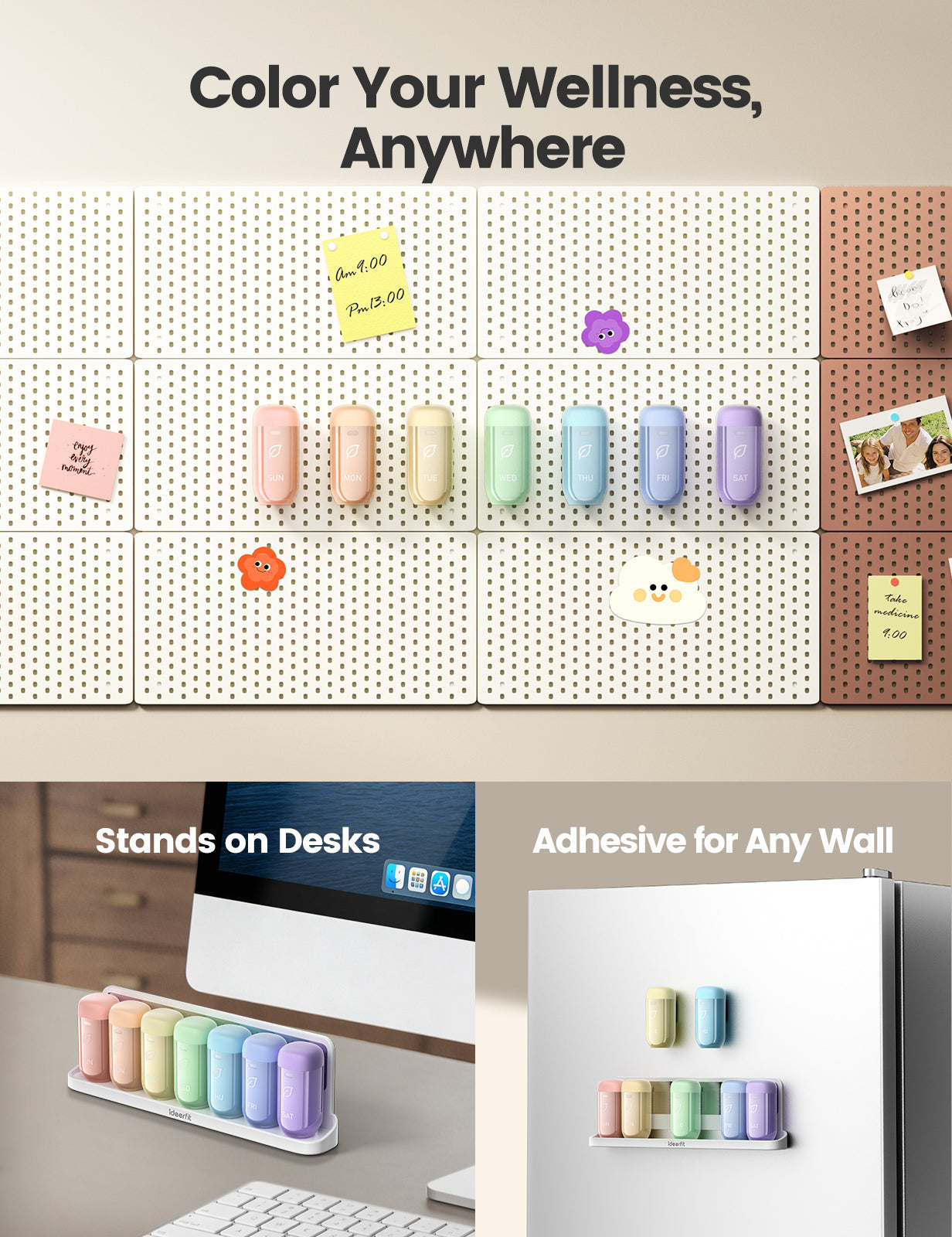 Weekly Magnetic Pill Organizer, Moisture-Proof Pill Box 7 Day 1 Time a Day with Desiccant, Rainbow