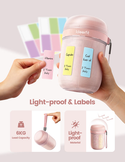 Large Sealed Pill Organizer with Desiccant, Light-Proof Moisture-Proof Pill Bottle with 7 Large Compartments, Blush Pink